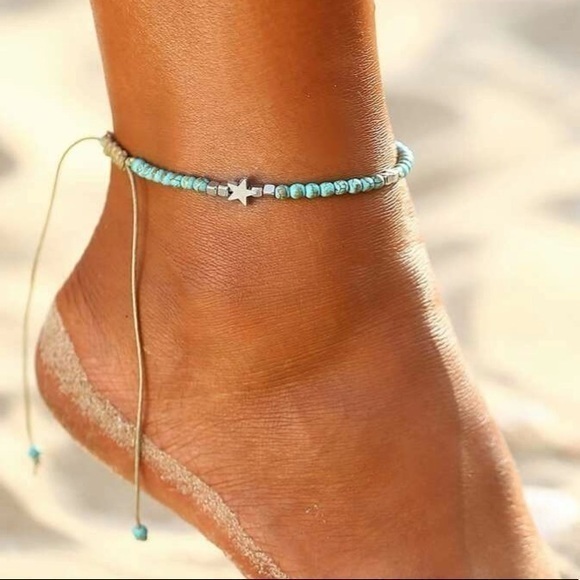 Star Beaded Anklet Hemp Adjustable Turquoise - Picture 1 of 10